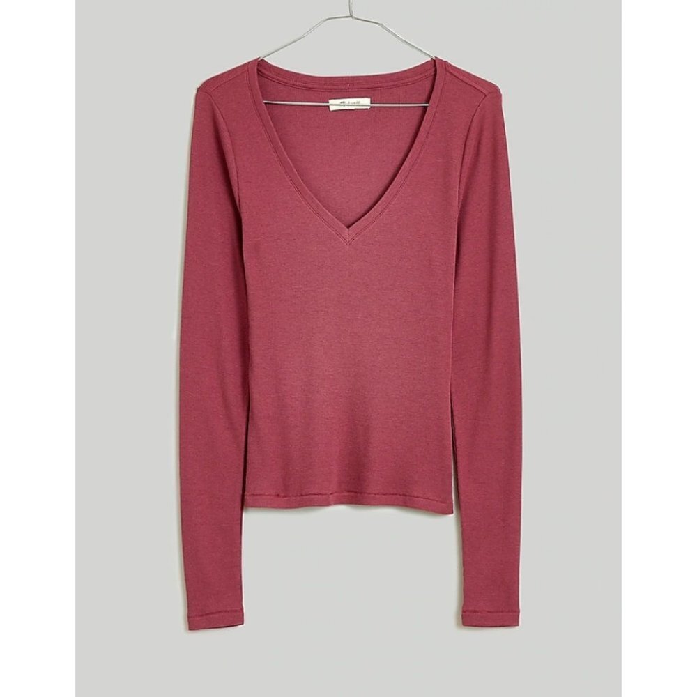 Madewell Womens Brightside Fine Rib V-Neck Long Sleeve Tee Grape Size S